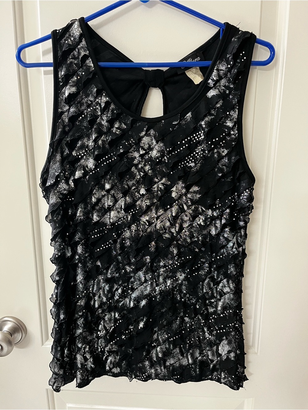 Sleeveless Black Ruffle Tank with Silver Sparkle Accents